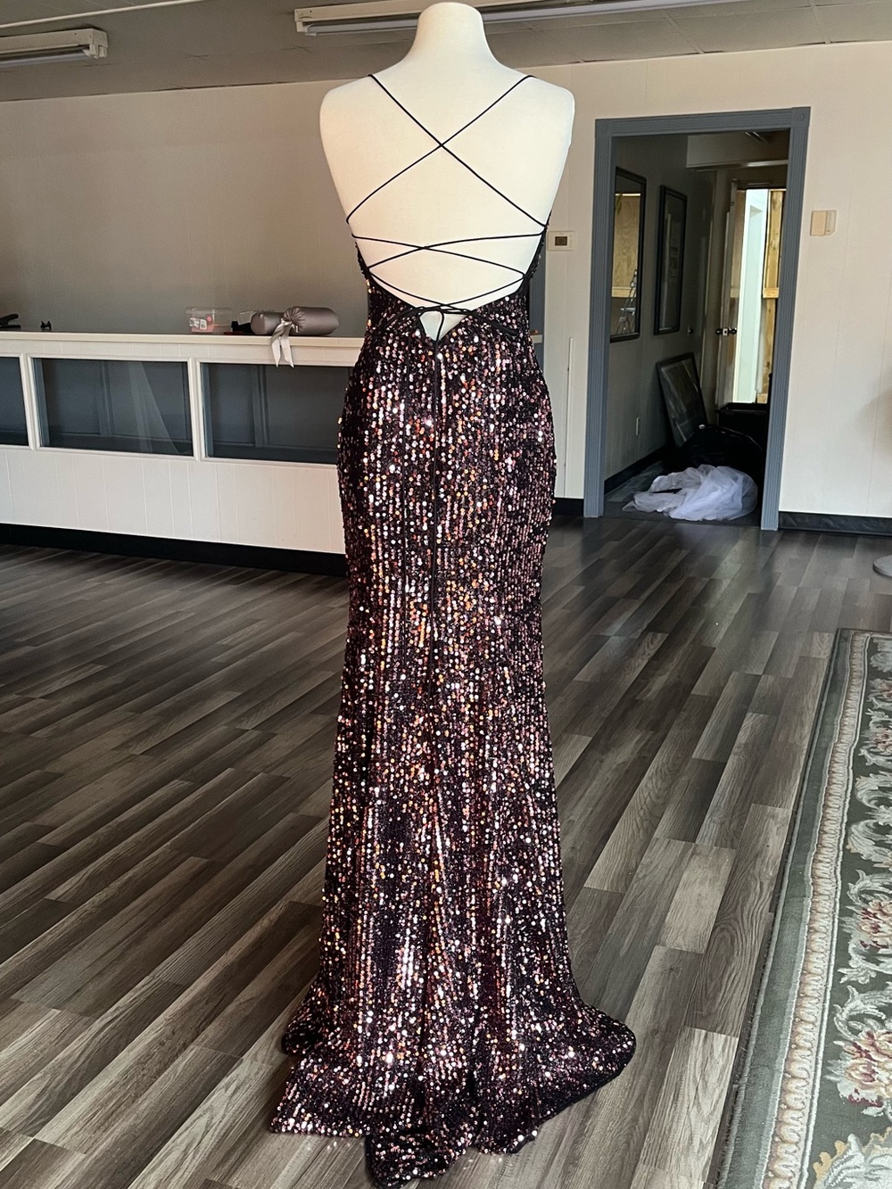 Sequin Halter Evening Gown in Black Rose - Picture 4 of 9